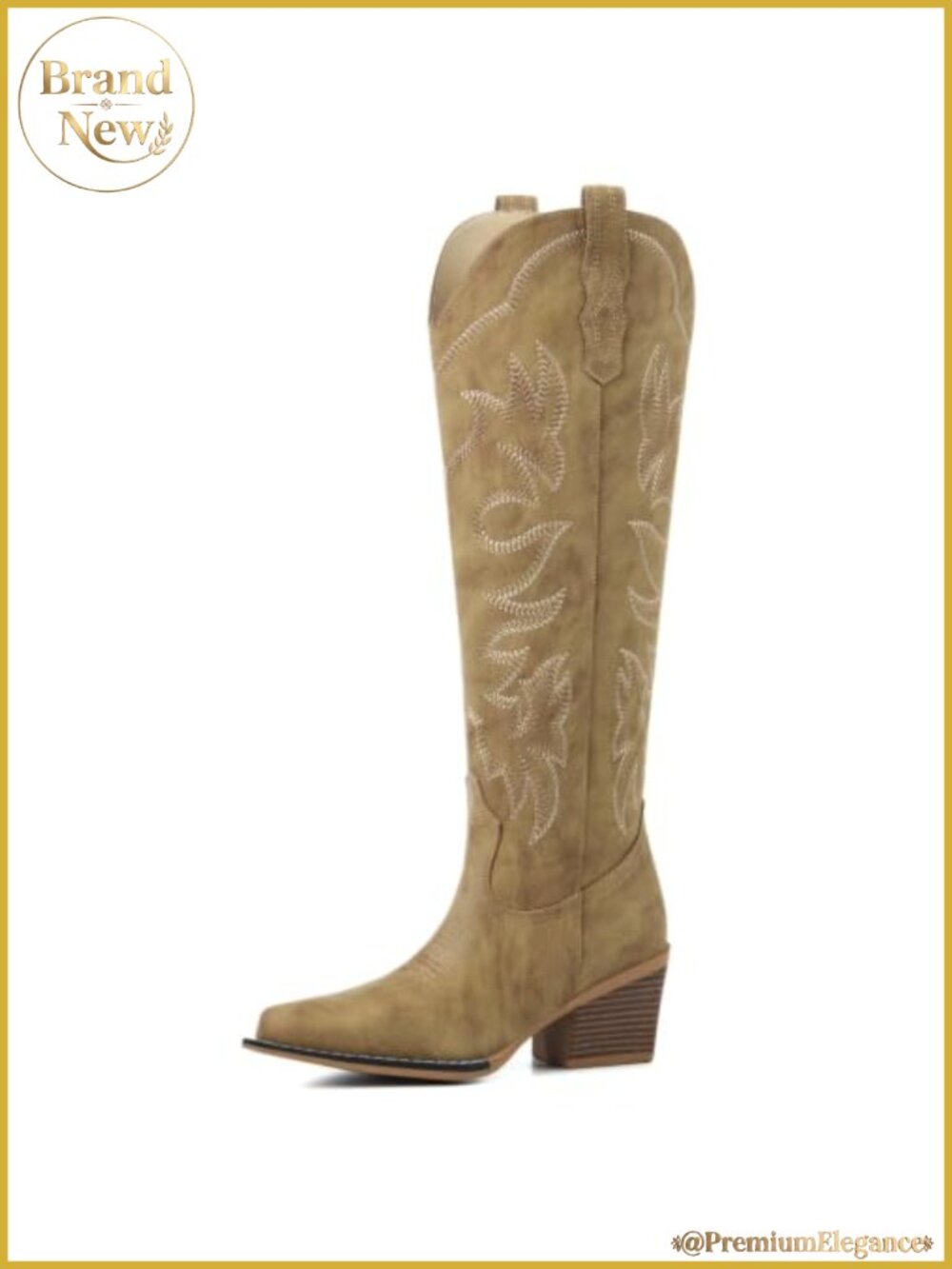 Womens Knee High Cowboy Boots Pointed Toe Chunky Heel Faux Leather